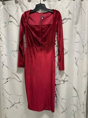 Red Velvet Long Sleeve Midi Dress